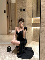 Black One Shoulder Ruffle Slit Bodycon Maxi Dress