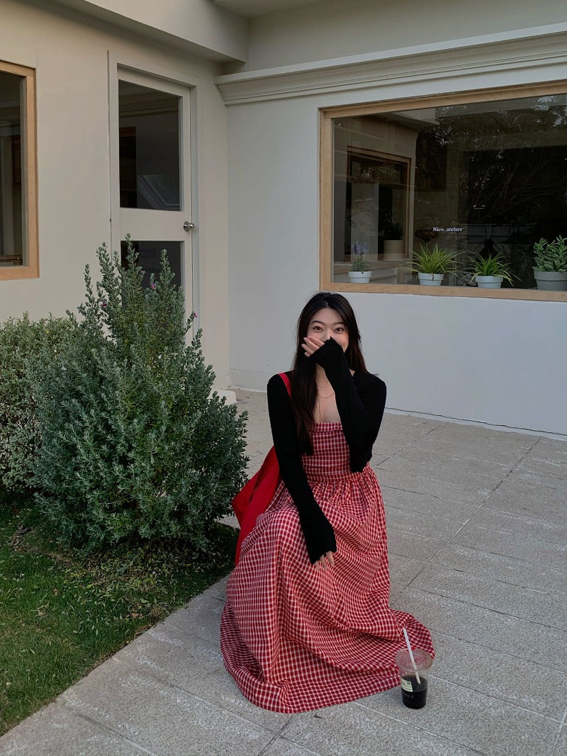 Red Gingham Strapless High Waist A-Line Maxi Dress