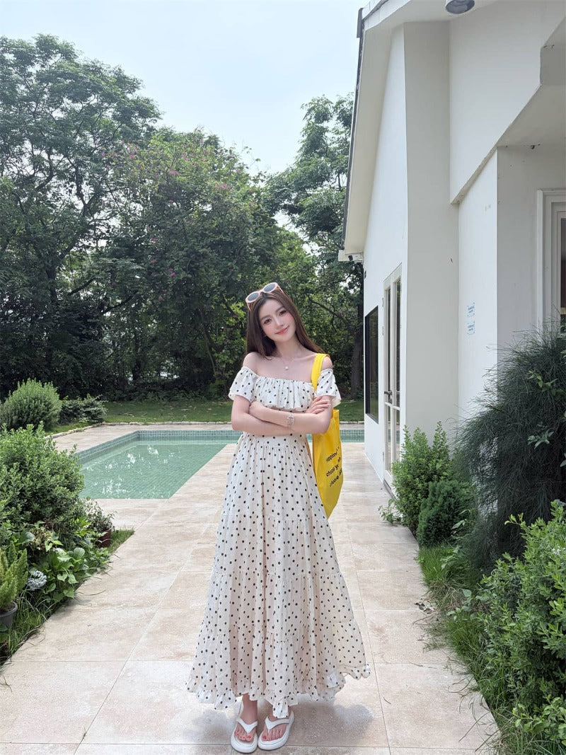 Off-Shoulder Polka Dot Tiered Maxi Dress