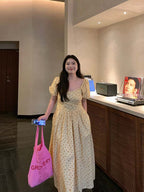 Yellow Floral Off Shoulder Puff Sleeve A-Line Maxi Dress