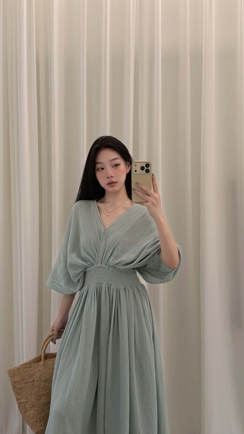 Cotton V-Neck Batwing Sleeve Maxi Dress