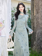 Light Blue Scarf Cowl Neck Bell Sleeve A-Line Maxi Dress