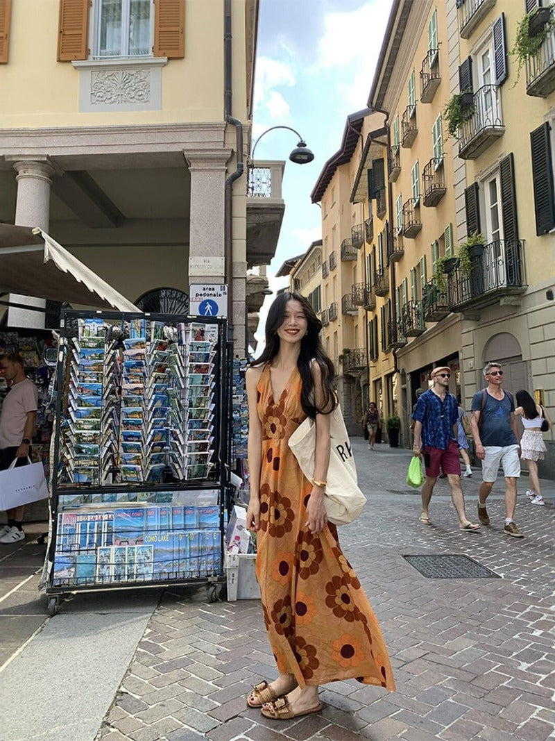 Sunset Bloom V Neck Floral A-Line Maxi Dress