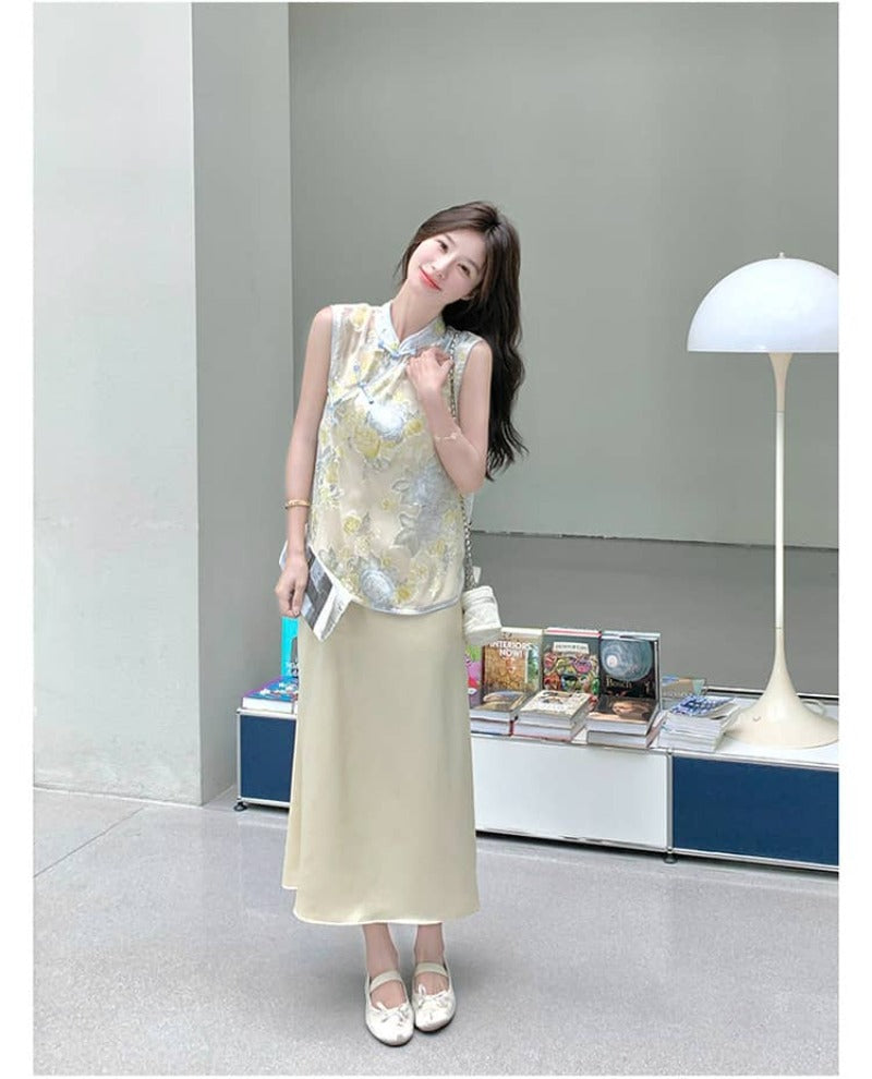 Printed Mandarin Collar Cami Maxi Dress Set