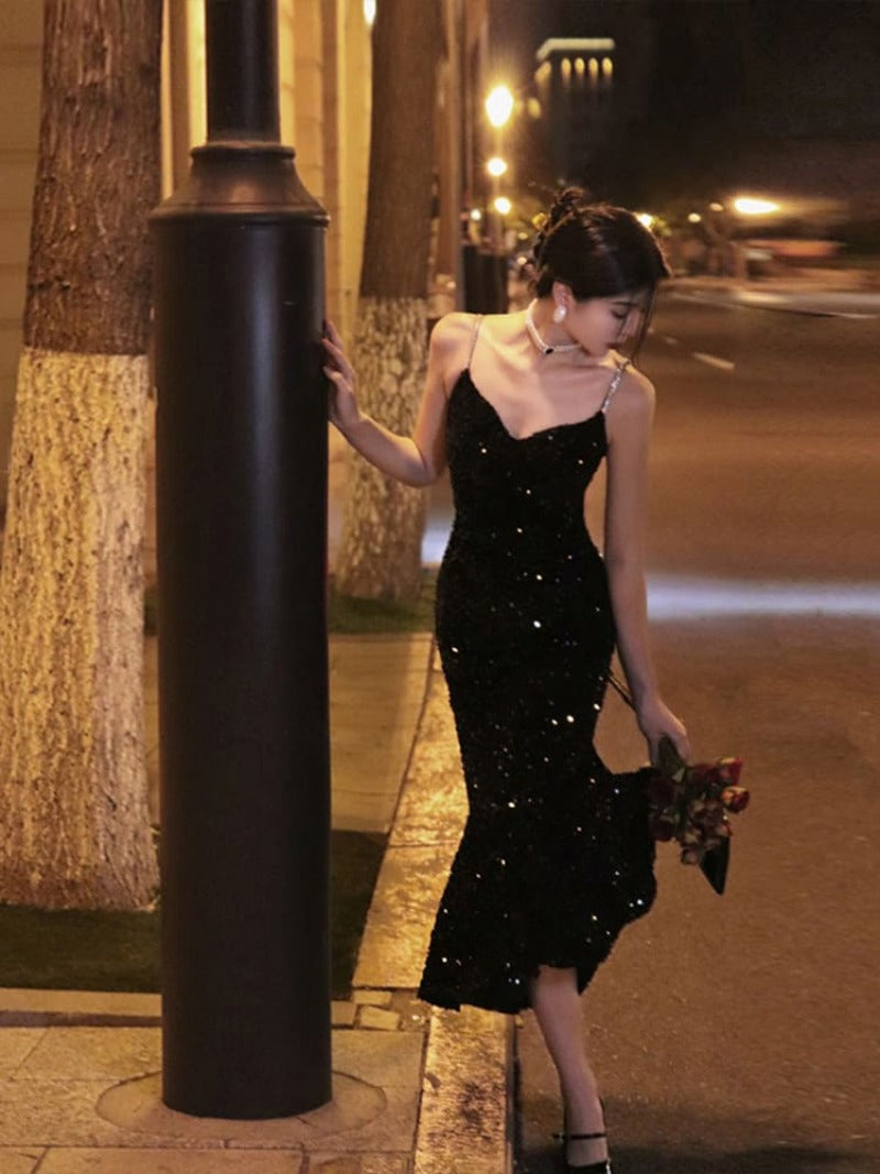 Black Sequin V Neck Fishtail Maxi Dress