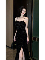 Black Sequin Spaghetti Strap High Slit Maxi Dress