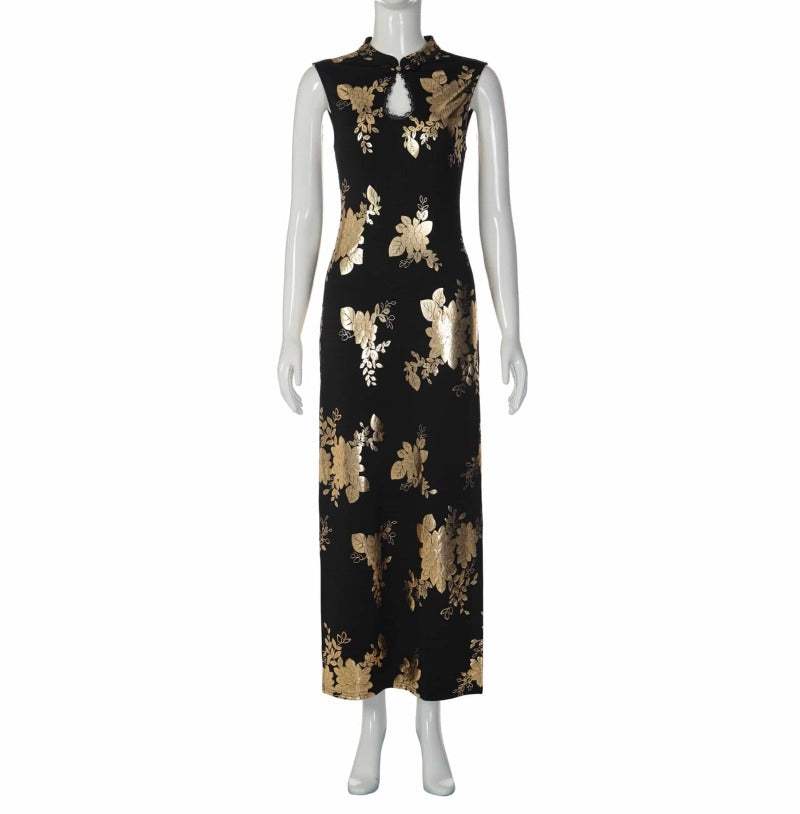 Midnight Gold Floral Mandarin Collar Qipao Maxi Dress
