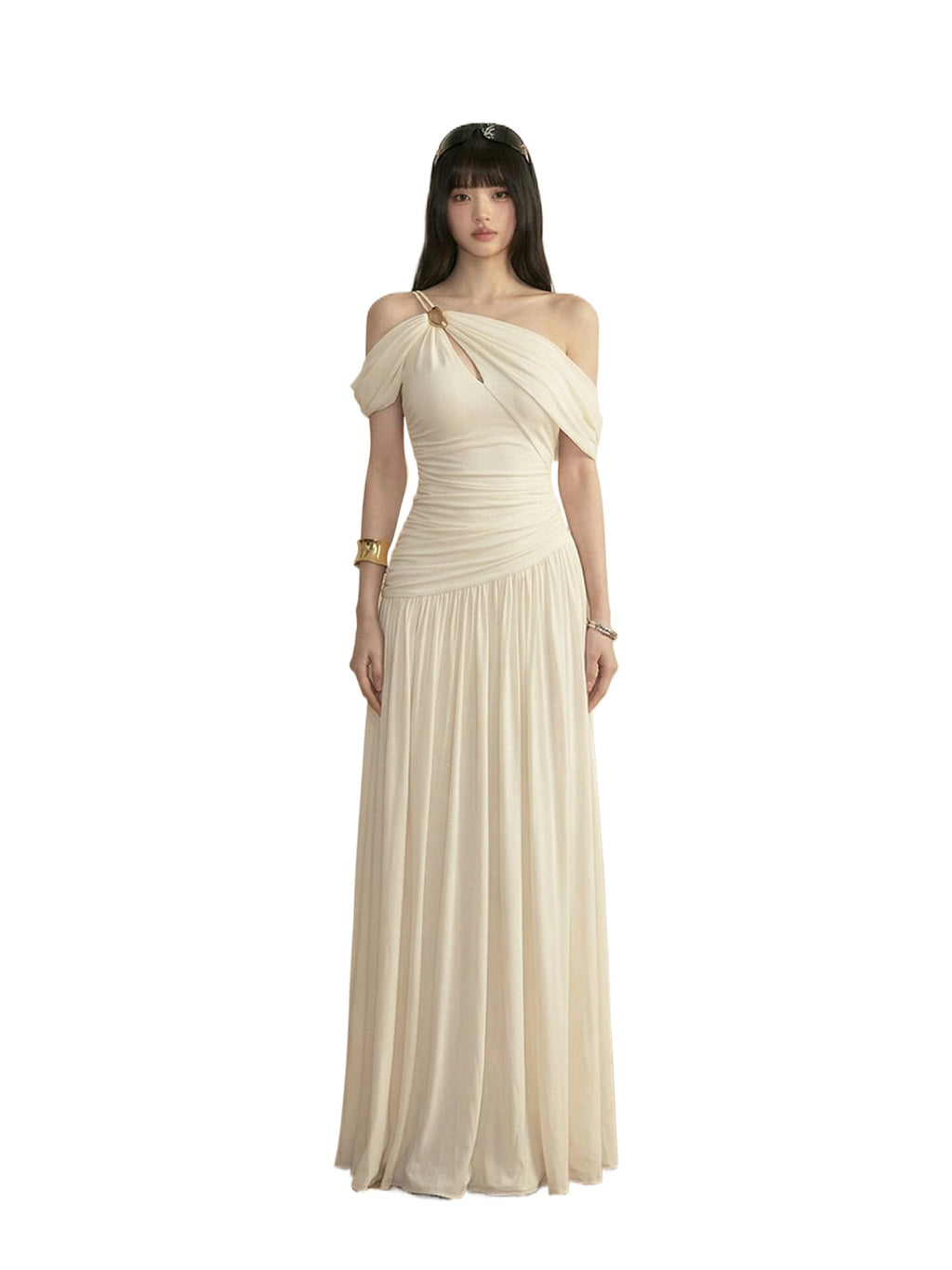 Ivory Asymmetric Draped Off Shoulder Maxi Dress