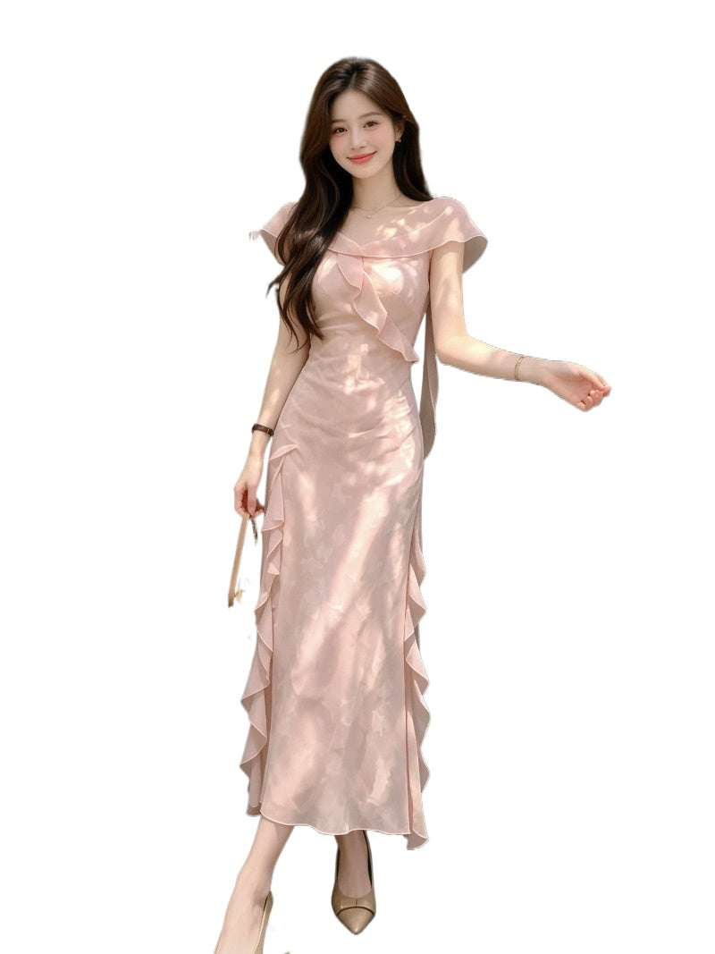 Pink Off-Shoulder Ruffle Mermaid Maxi Dress