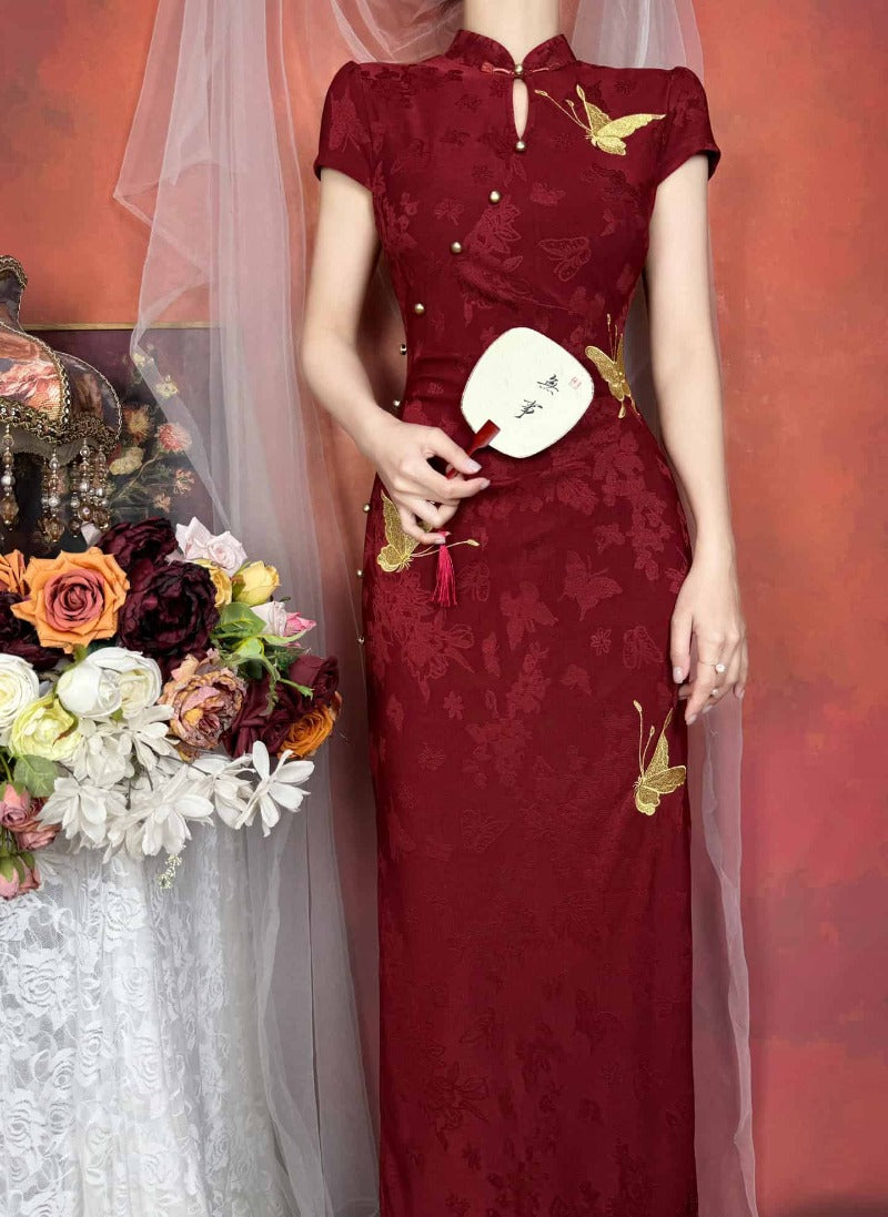 Red Mandarin Collar Butterfly Embroidered Qipao Midi Dress