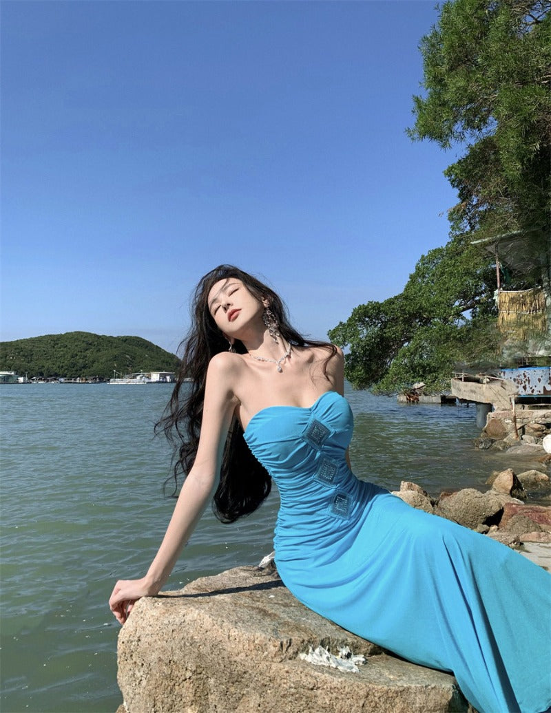 Blue Strapless Rhinestone Ruched Mermaid Maxi Dress