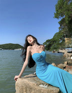 Blue Strapless Rhinestone Ruched Mermaid Maxi Dress