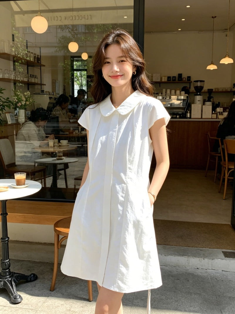 Ivory Peter Pan Collar Short Sleeve Waist-Defined A-Line Mini Dress