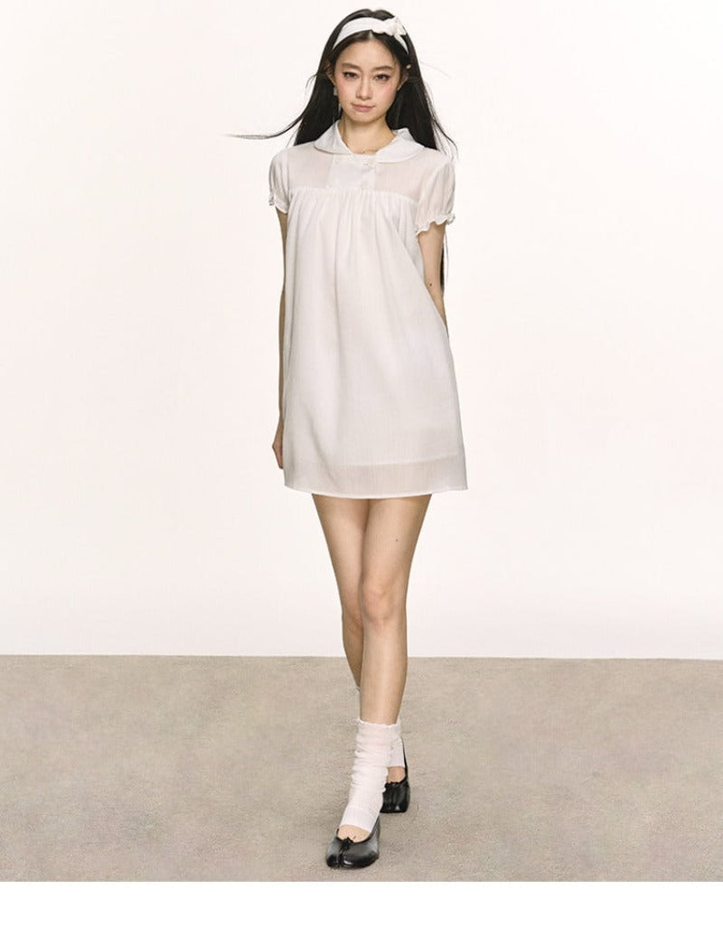 Lyocell Linen Puff Sleeve Collared Babydoll Mini Dress