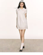 Lyocell Linen Puff Sleeve Collared Babydoll Mini Dress