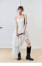 White Lace Trim Asymmetric Tiered Dress And Skirt
