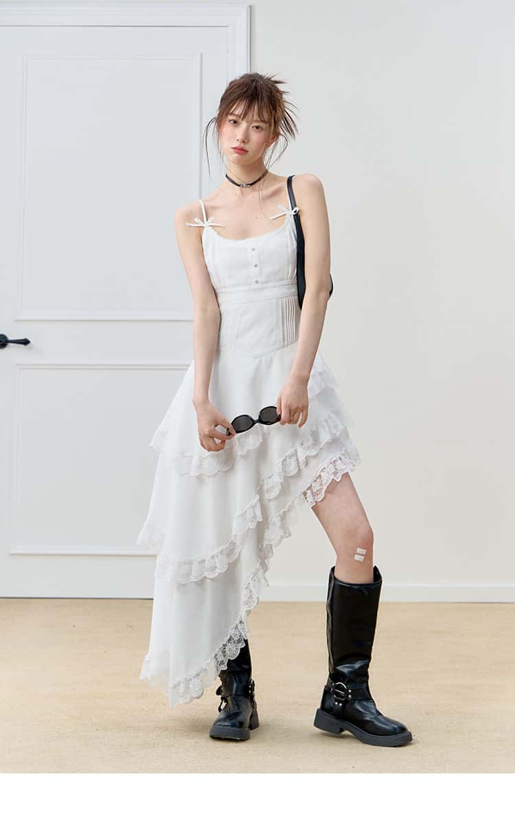 White Lace Trim Asymmetric Tiered Dress And Skirt