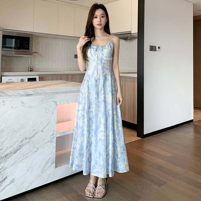 French Style Printed Tie Front Cami A-Line Maxi Dress