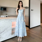 French Style Printed Tie Front Cami A-Line Maxi Dress