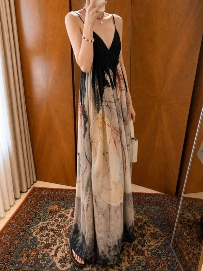 Vintage Print V Neck Spaghetti Strap A-Line Maxi Dress