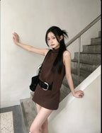 Coffee Brown Belted A-Line Mini Dress Set