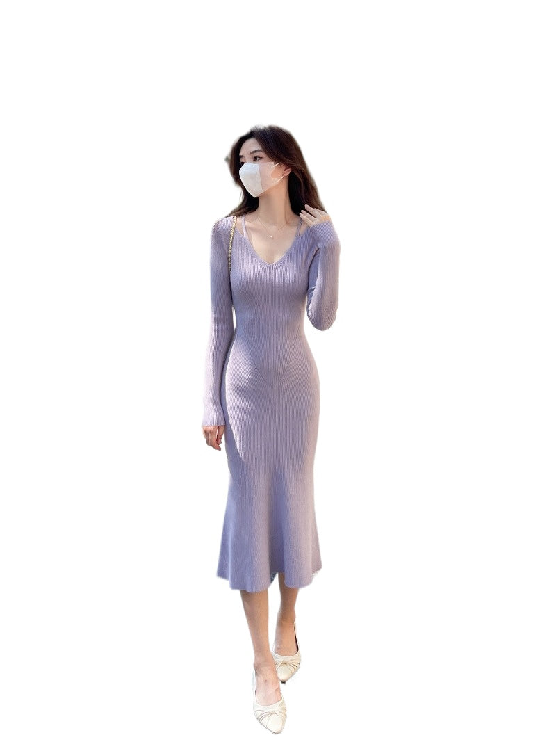 V Neck Long Sleeve Ribbed Knit Mermaid Maxi Dress Main image