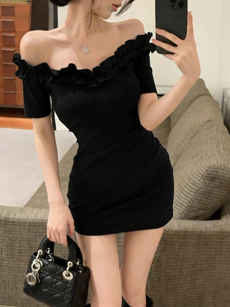 Burgundy/Black Off Shoulder Ruffle Bodycon Mini Dress