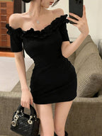 Burgundy/Black Off Shoulder Ruffle Bodycon Mini Dress