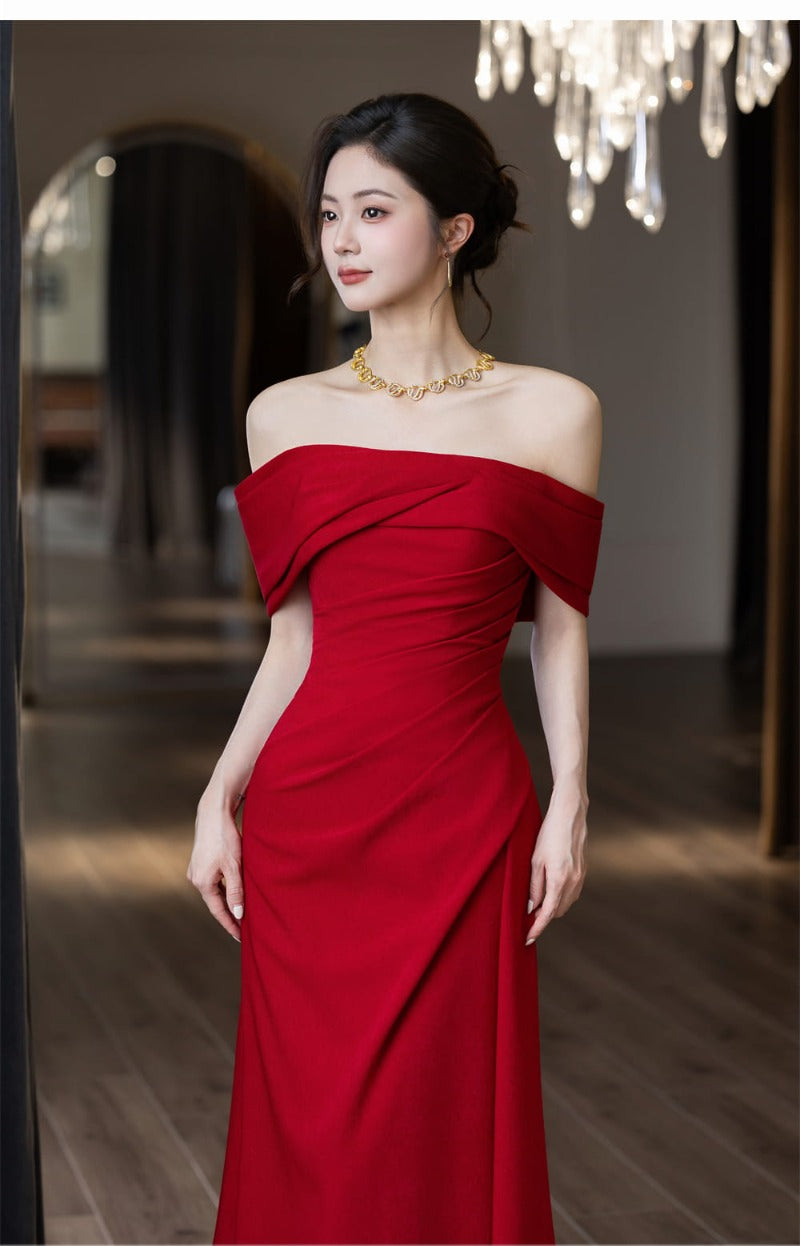 Wine Red Off Shoulder Draped A-Line Maxi Dress