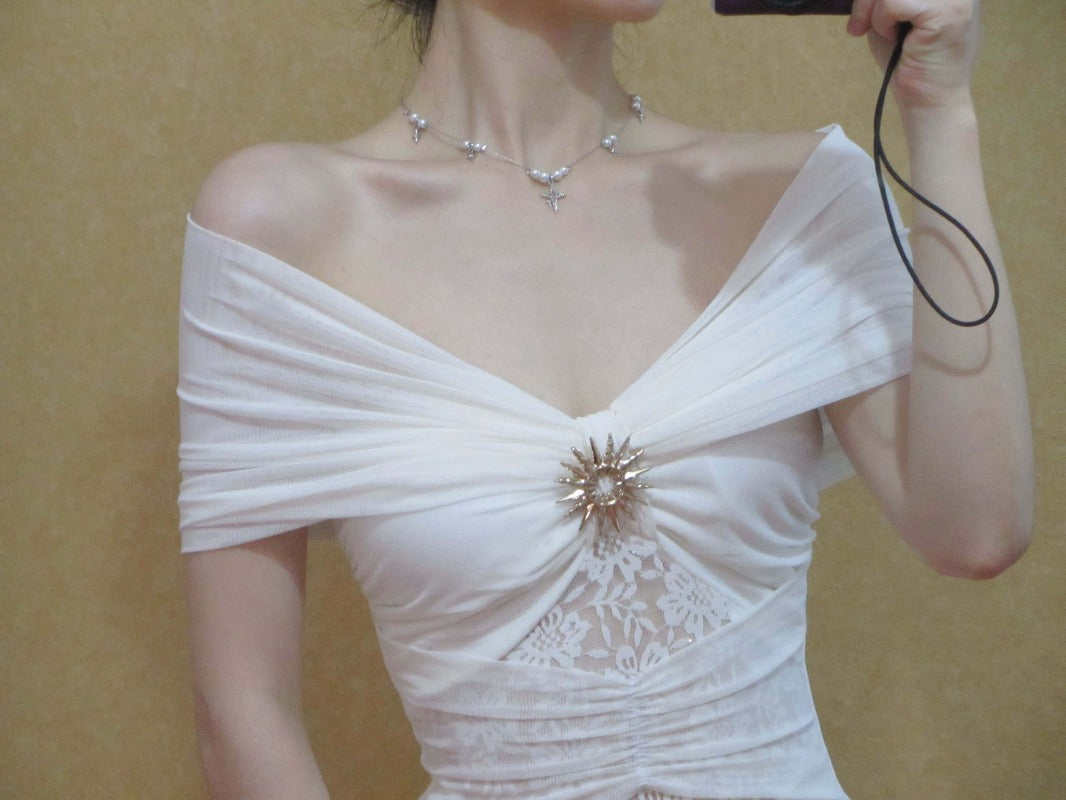 White Off Shoulder Ruched Mesh Panel A-Line Maxi Dress Secondary image