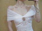 White Off Shoulder Ruched Mesh Panel A-Line Maxi Dress