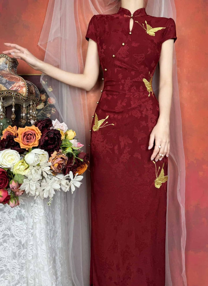 Red Mandarin Collar Butterfly Embroidered Qipao Midi Dress