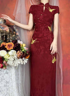 Red Mandarin Collar Butterfly Embroidered Qipao Midi Dress