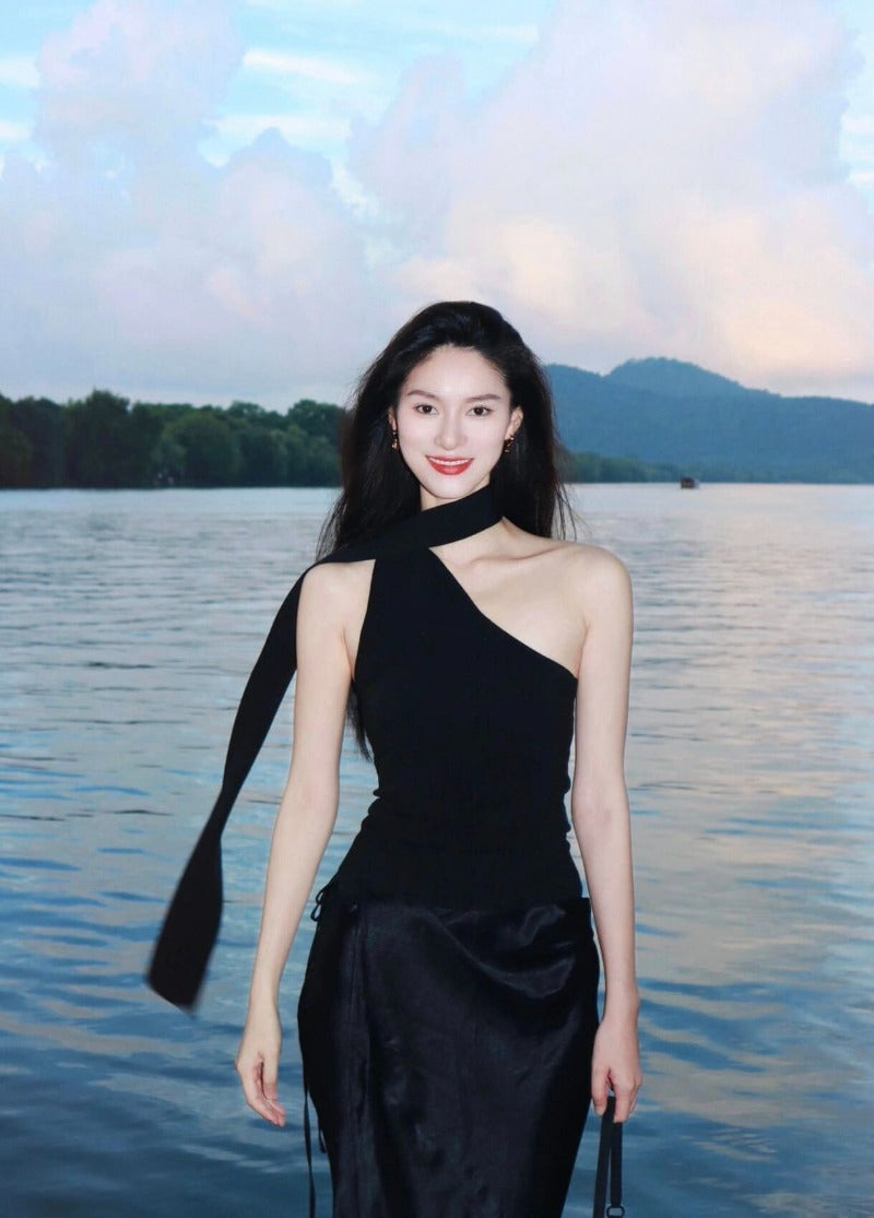 Black Asymmetric Scarf Halter Top