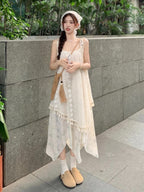 Lace Overlay Tassel Trim Asymmetric Hem Cami Midi Dress