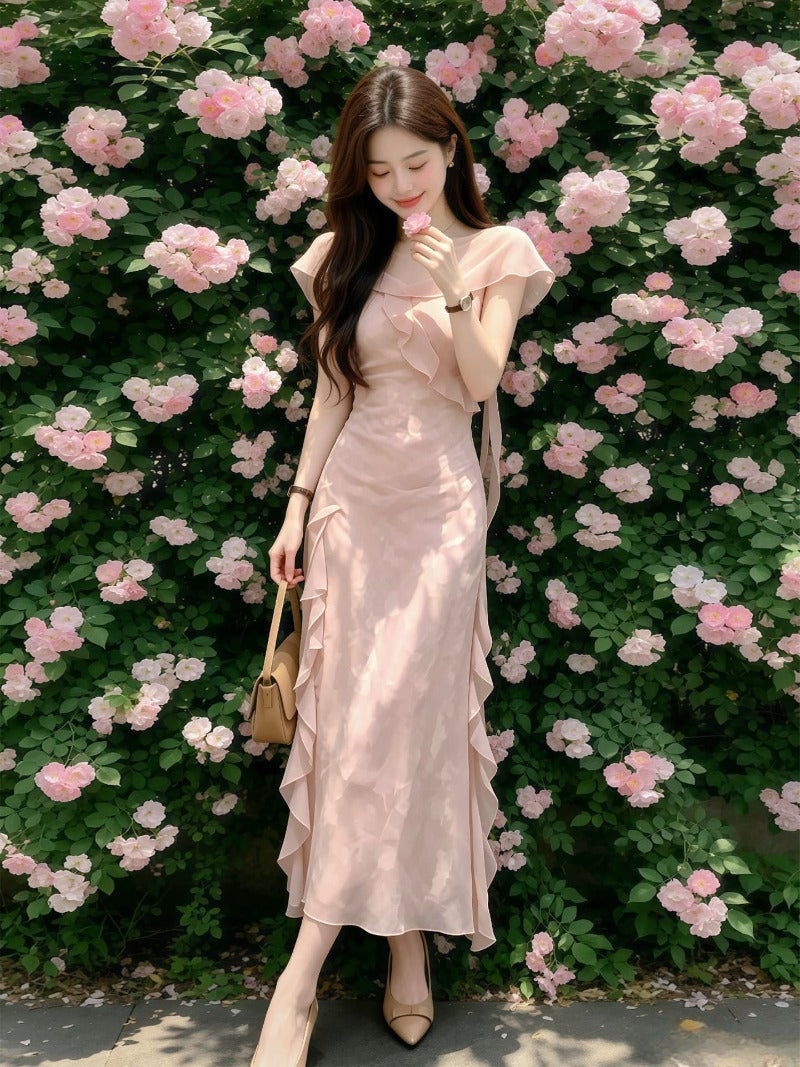 Pink Off-Shoulder Ruffle Mermaid Maxi Dress