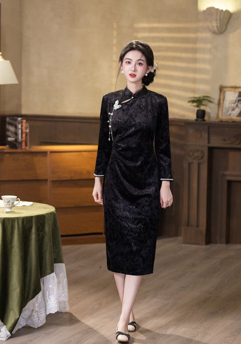 Embossed Velvet Mandarin Collar Sheath Midi Dress