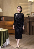 Embossed Velvet Mandarin Collar Sheath Midi Dress