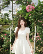 White Square Neck Puff Sleeve A-Line Mini Dress