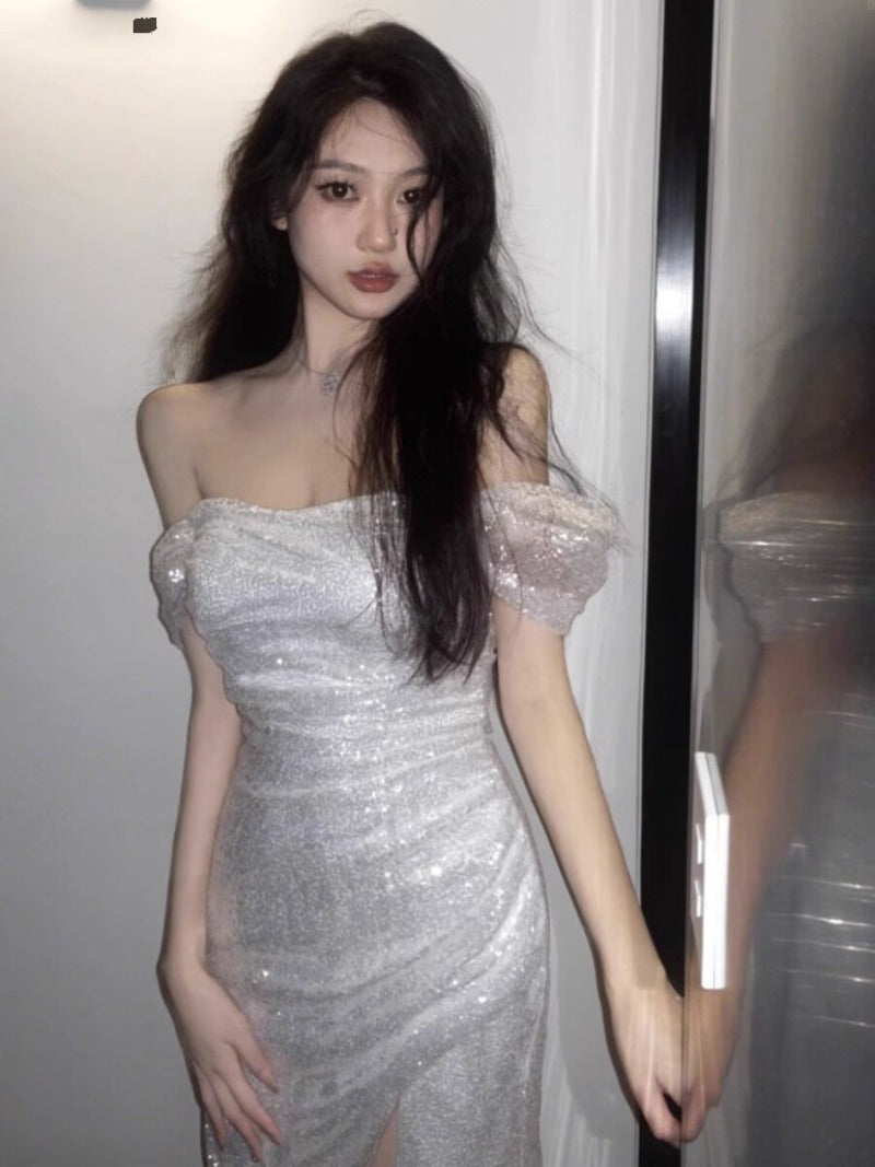 White Sequin Off Shoulder Ruched Bodycon Midi Dress