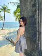 Gray Polka Dot Halter Backless A-Line Mini Dress