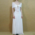 White Off Shoulder Ruched Mesh Panel A-Line Maxi Dress