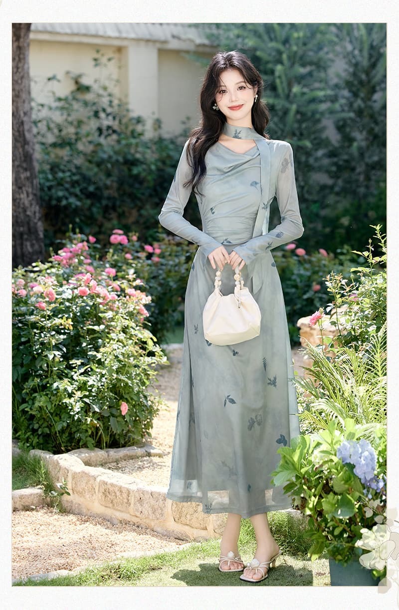 Light Blue Scarf Cowl Neck Bell Sleeve A-Line Maxi Dress Secondary image