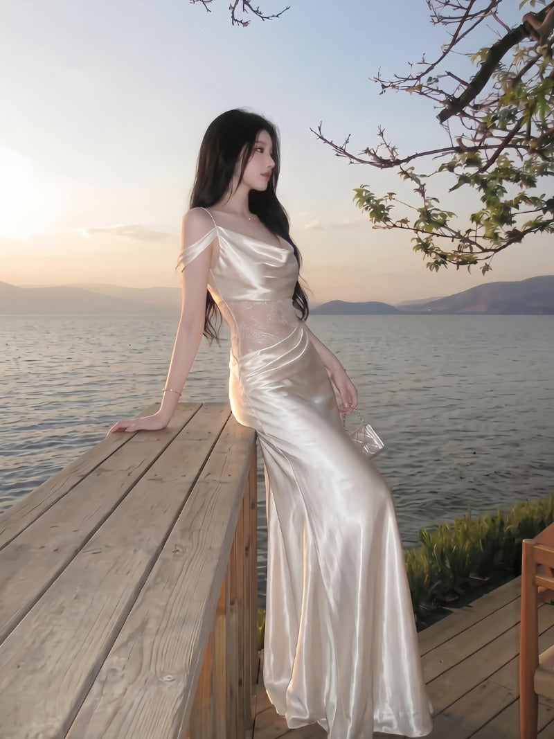 Ivory Cowl Neck Cutout Satin Mermaid Maxi Dress