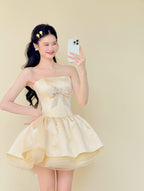 Pale Yellow Strapless Rhinestone Bow Bubble Mini Dress
