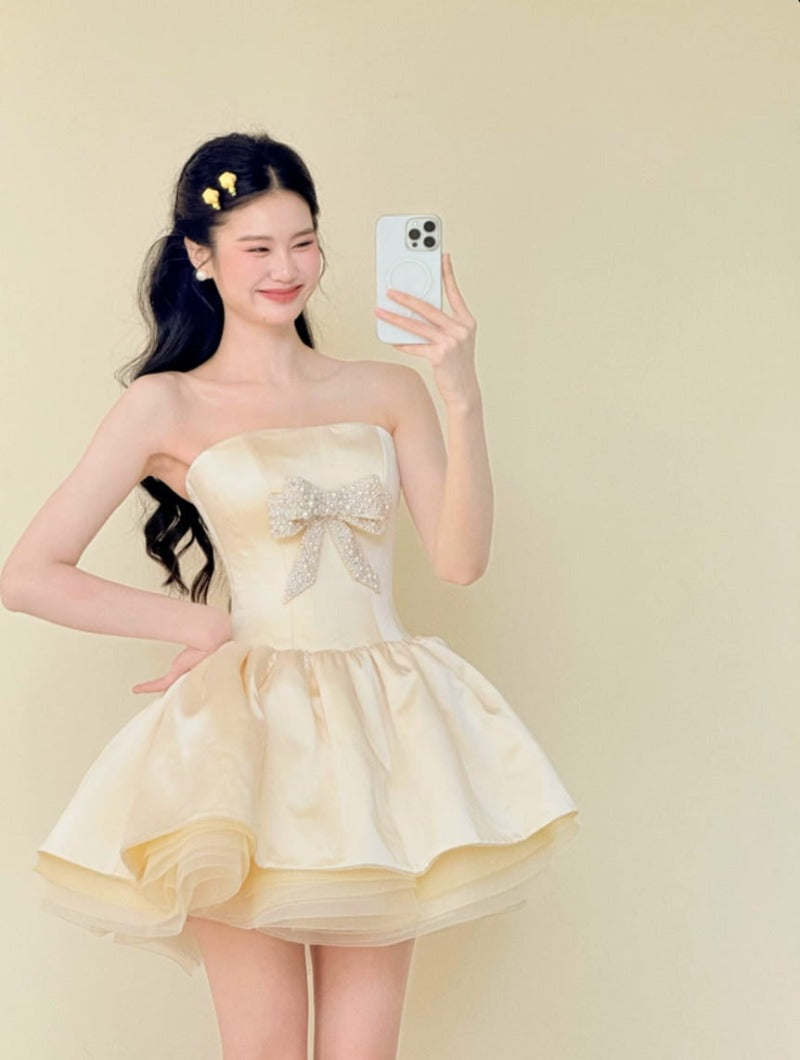 Pale Yellow Strapless Rhinestone Bow Bubble Mini Dress