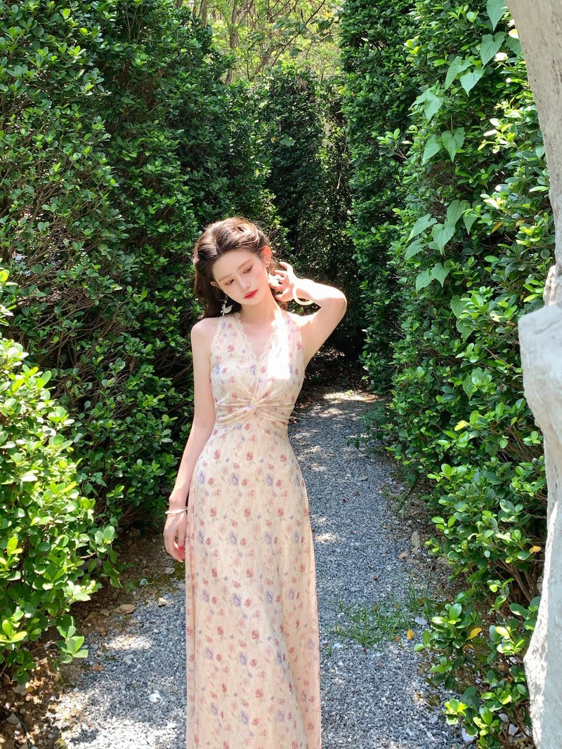 Apricot Pink Floral V Neck Ruched Maxi Dress