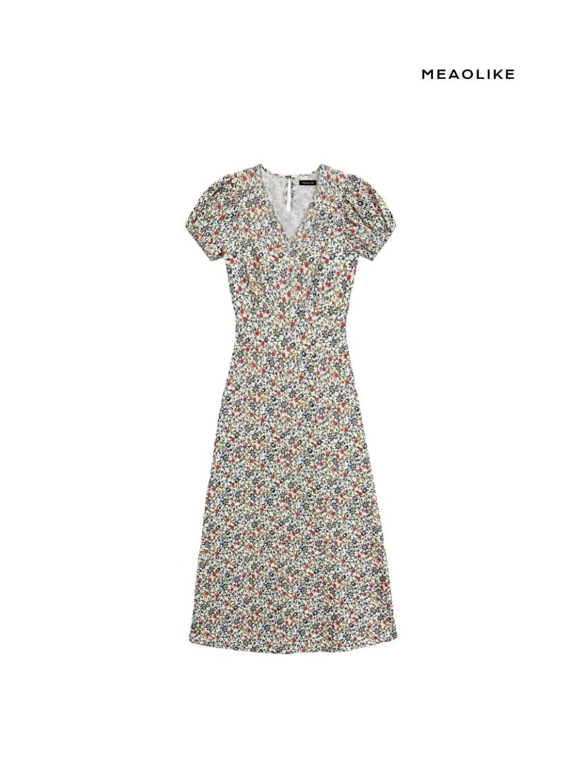 Ivory Floral V Neck Puff Sleeve Cotton Dress