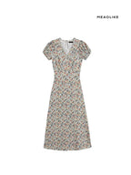 Ivory Floral V Neck Puff Sleeve Cotton Dress