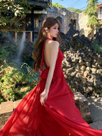 Red Halter Flower Draped A-Line Maxi Dress